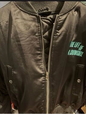 Black Bomber Jacket with Teal 'The Life of a Showgirl' Embroidery